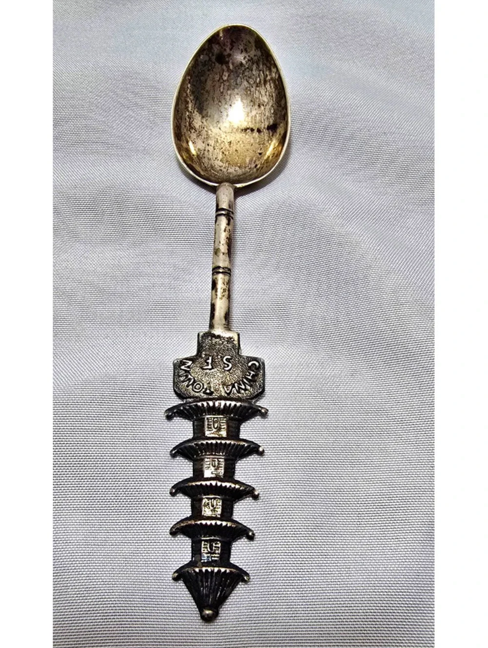 Silverplate Chinatown S.F. Souvenir Spoon, Engraved Pagoda Handle, Asian